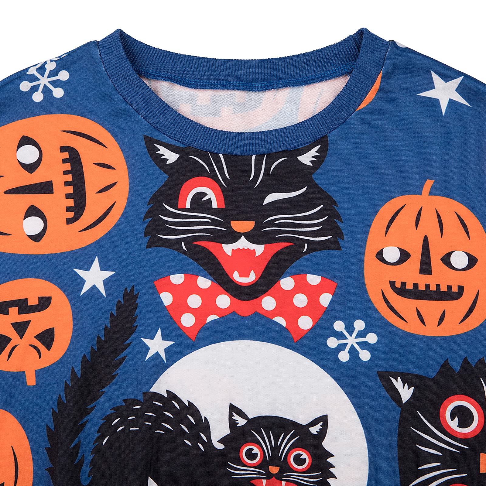 Neyaolk Women Halloween Sweatshirt Pullover Lightweight - Pumpkins Cats Moon Printing Raglon Long Sleeve Blouse Blue XXL