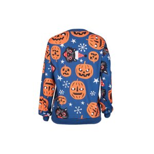 Neyaolk Women Halloween Sweatshirt Pullover Lightweight - Pumpkins Cats Moon Printing Raglon Long Sleeve Blouse Blue XXL