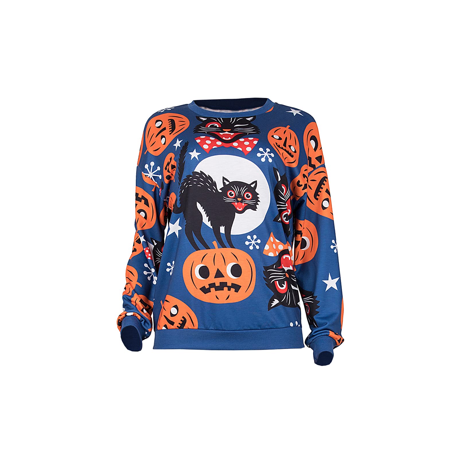 Neyaolk Women Halloween Sweatshirt Pullover Lightweight - Pumpkins Cats Moon Printing Raglon Long Sleeve Blouse Blue XXL