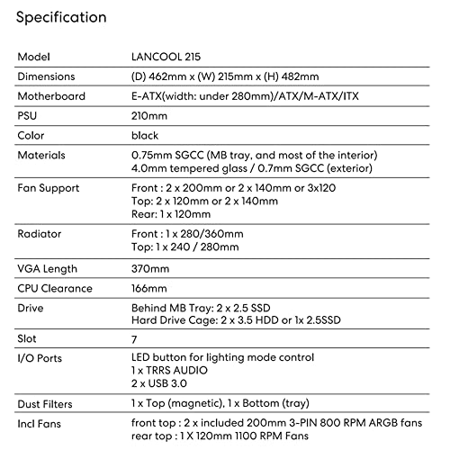 LIAN LI LANCOOL 215 E-ATX PC Case, RGB Gaming Computer Case Features High Airflow with 2x200mm ARGB Fans & 1x120mm Fan Pre-Installed and Mesh Front Panel, Tempered Glass Mid-Tower Chassis (Black)