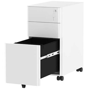 yitahome 3-drawer slim file cabinet with lock, mobile metal office storage filing cabinet, legal/letter size, pre-assembled file cabinet except wheels under desk - white
