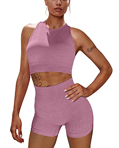 OYS Workout Sets for Women 2 Piece Outfits Seamless High Waisted Yoga Shorts Running Sports Bra Clothes