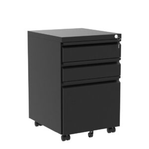 YITAHOME 3-Drawer Mobile File Cabinet with Lock, Office Storage Filing Cabinet for Legal/Letter Size, Pre-Assembled Metal File Cabinet Except Wheels Under Desk -Black