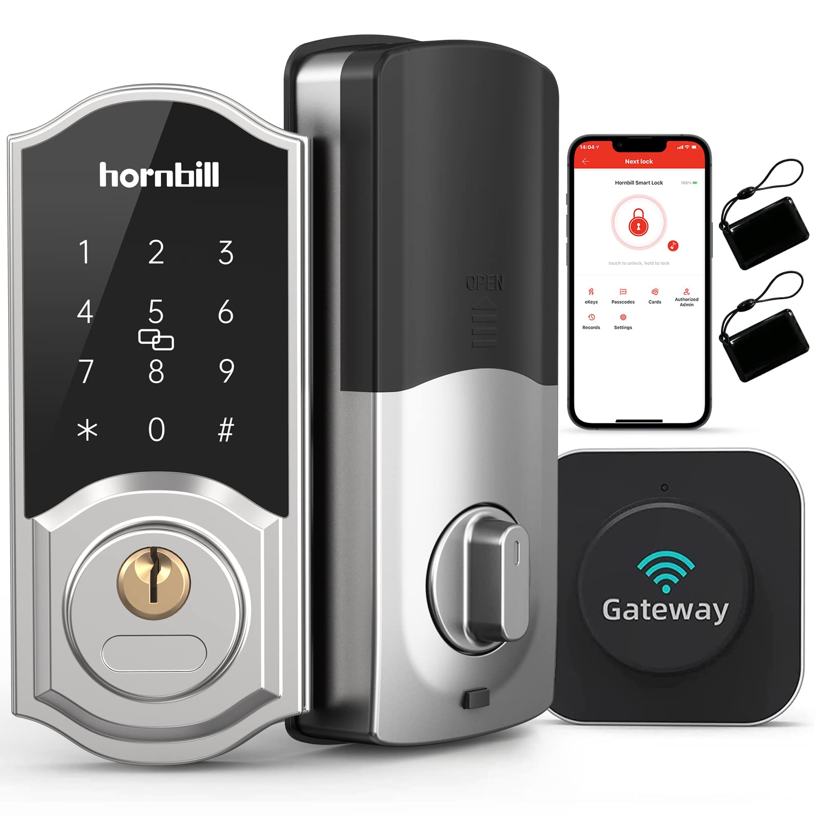 WiFi Smart Locks Deadbolt with Keypad, Hornbill Keyless Entry Digital Front Door Lock with Gateway Hub, Bluetooth Electronic Touchscreen Auto Code Lock Work with Alexa,Free App Control for Home Office