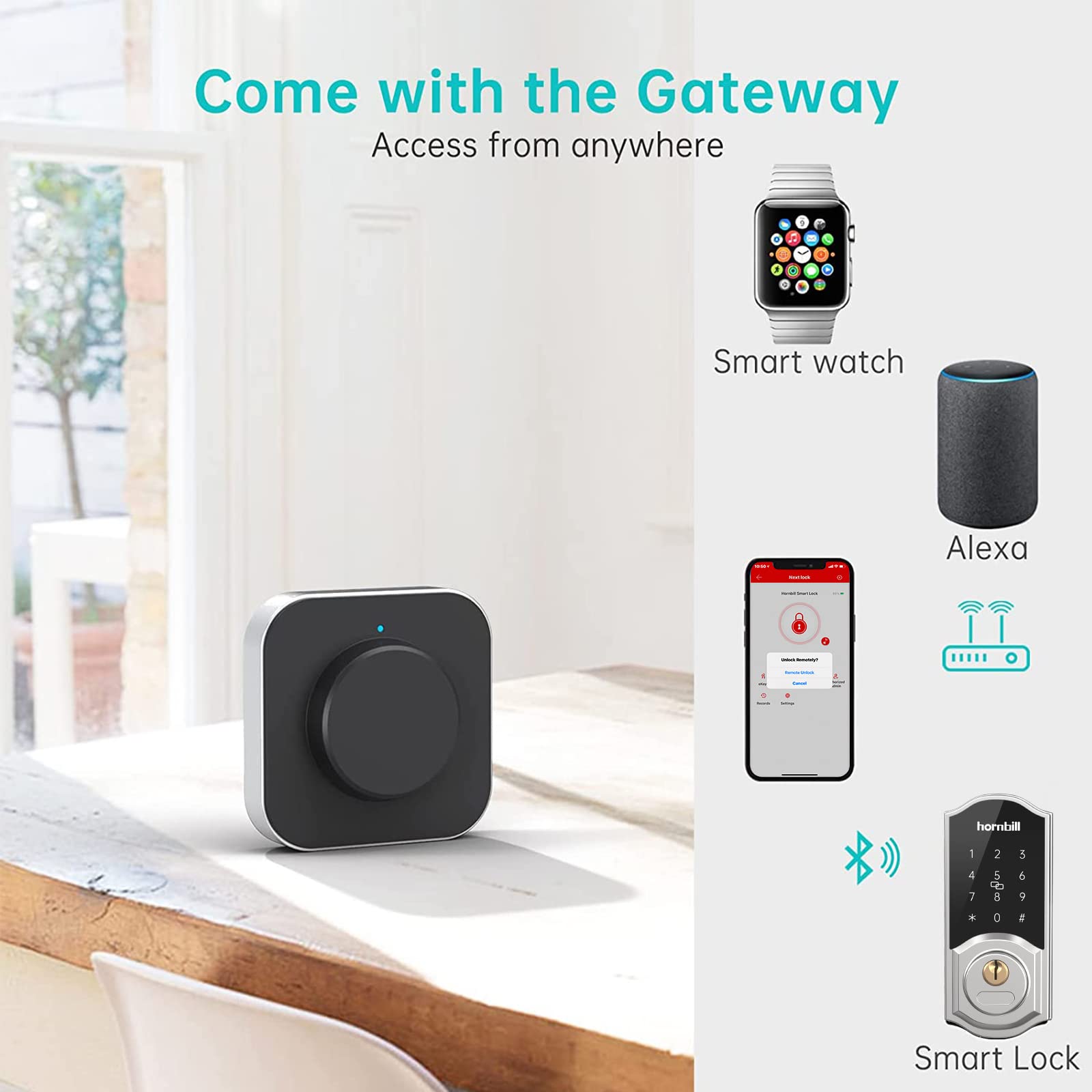 WiFi Smart Locks Deadbolt with Keypad, Hornbill Keyless Entry Digital Front Door Lock with Gateway Hub, Bluetooth Electronic Touchscreen Auto Code Lock Work with Alexa,Free App Control for Home Office