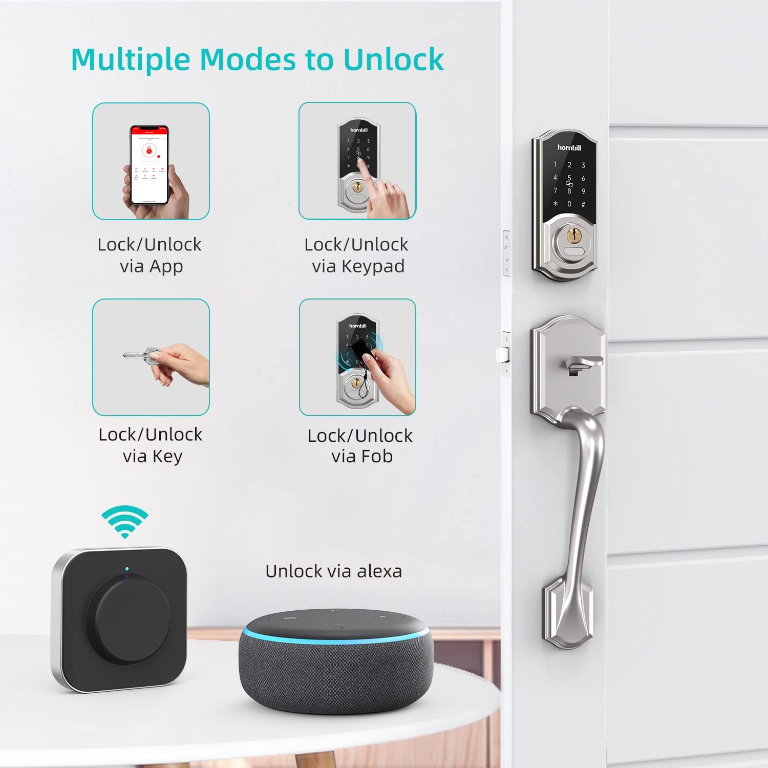 WiFi Smart Locks Deadbolt with Keypad, Hornbill Keyless Entry Digital Front Door Lock with Gateway Hub, Bluetooth Electronic Touchscreen Auto Code Lock Work with Alexa,Free App Control for Home Office