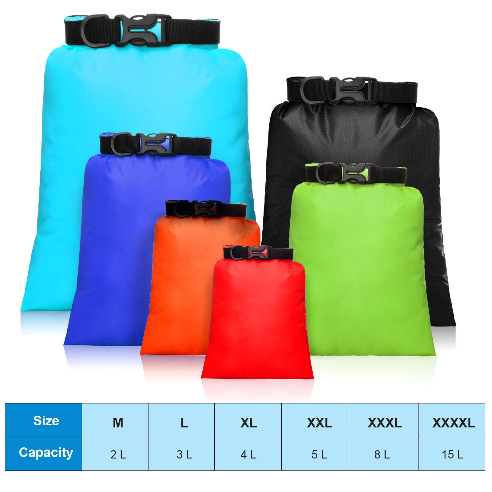 Waterproof Dry Bag Set 15 L+ 8 L +5 L+4 L+3 L+ 2 L Lightweight Sacks and Long Adjustable Shoulder Strap for Kayaking, Rafting, Boating, Hiking, Camping (Colorful, 6 Pcs)