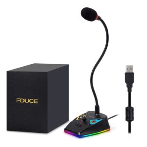 fduce usb computer microphone, pc goose-neck mic microphone for computer with mute button and rgb rainbow light for zoom, skype, youtube, facebook, recording, meeting, podcast, games