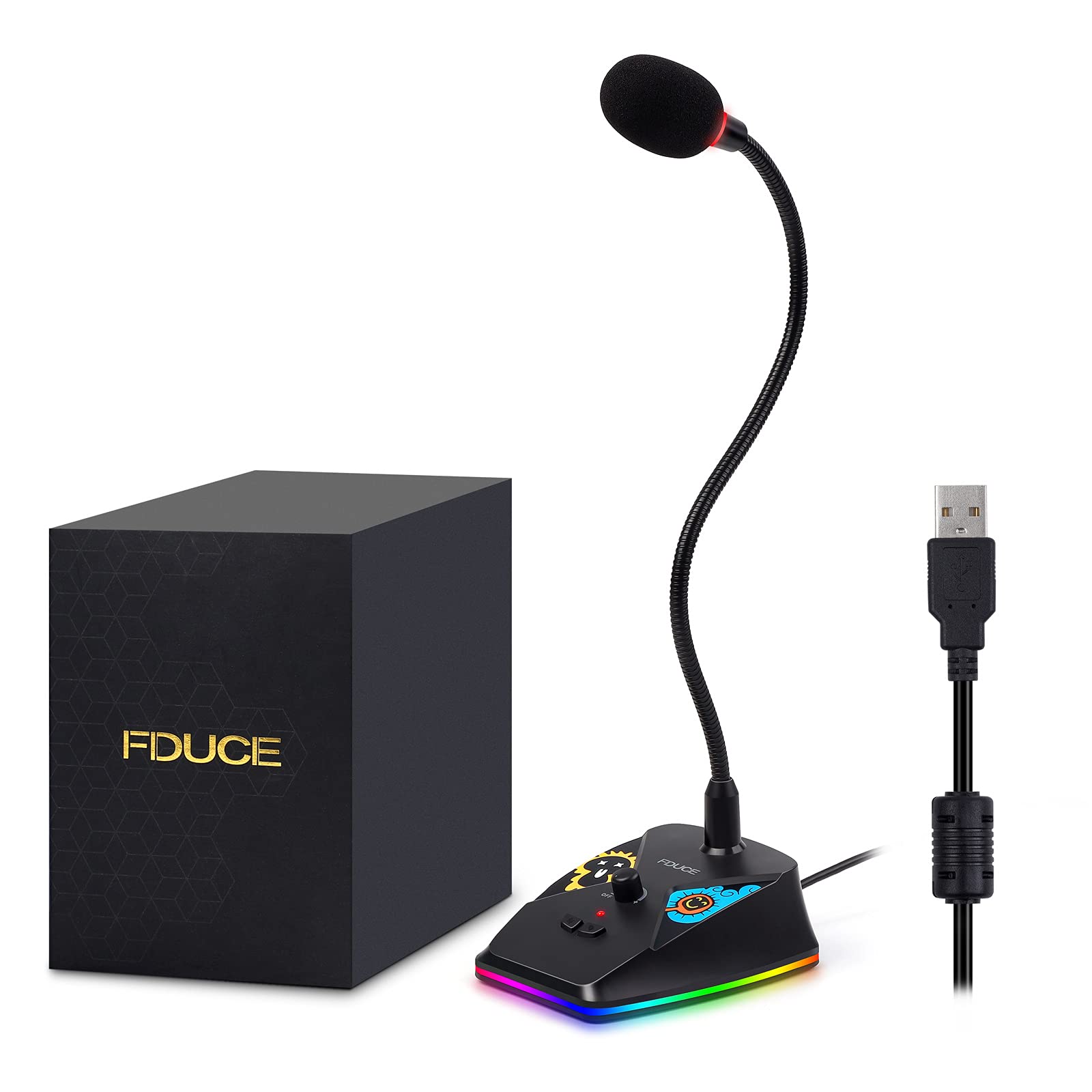 FDUCE USB Computer Microphone, PC Goose-Neck Mic Microphone for Computer with Mute Button and RGB Rainbow Light for Zoom, Skype, YouTube, Facebook, Recording, Meeting, Podcast, Games