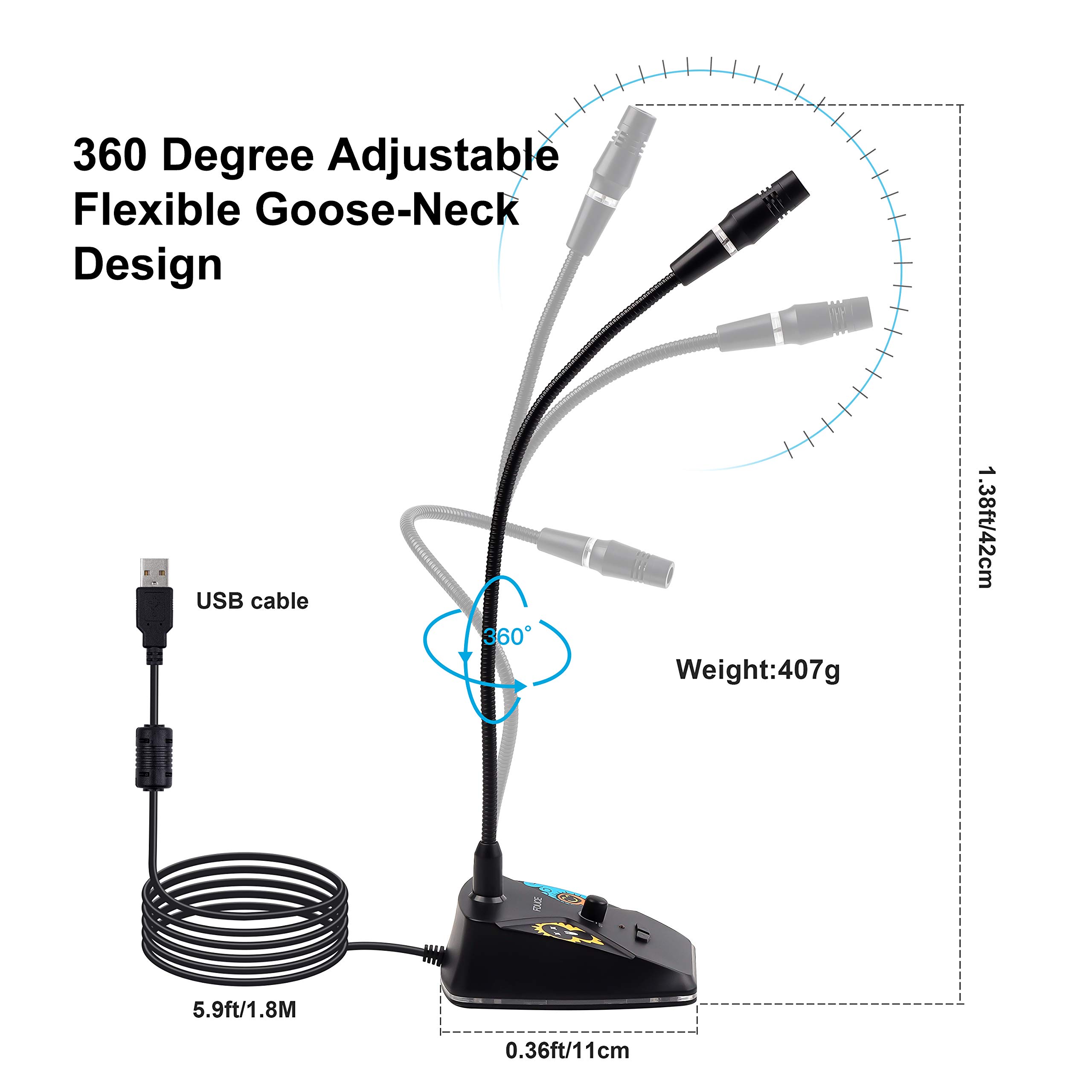 FDUCE USB Computer Microphone, PC Goose-Neck Mic Microphone for Computer with Mute Button and RGB Rainbow Light for Zoom, Skype, YouTube, Facebook, Recording, Meeting, Podcast, Games