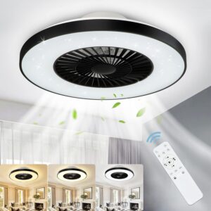 dllt modern ceiling fans with lights, 40w led dimmable with remote, 7 invisible blades semi flush mount ceiling fan light, 3-speed indoor low profile ceiling fan, 3000k-6500k timing