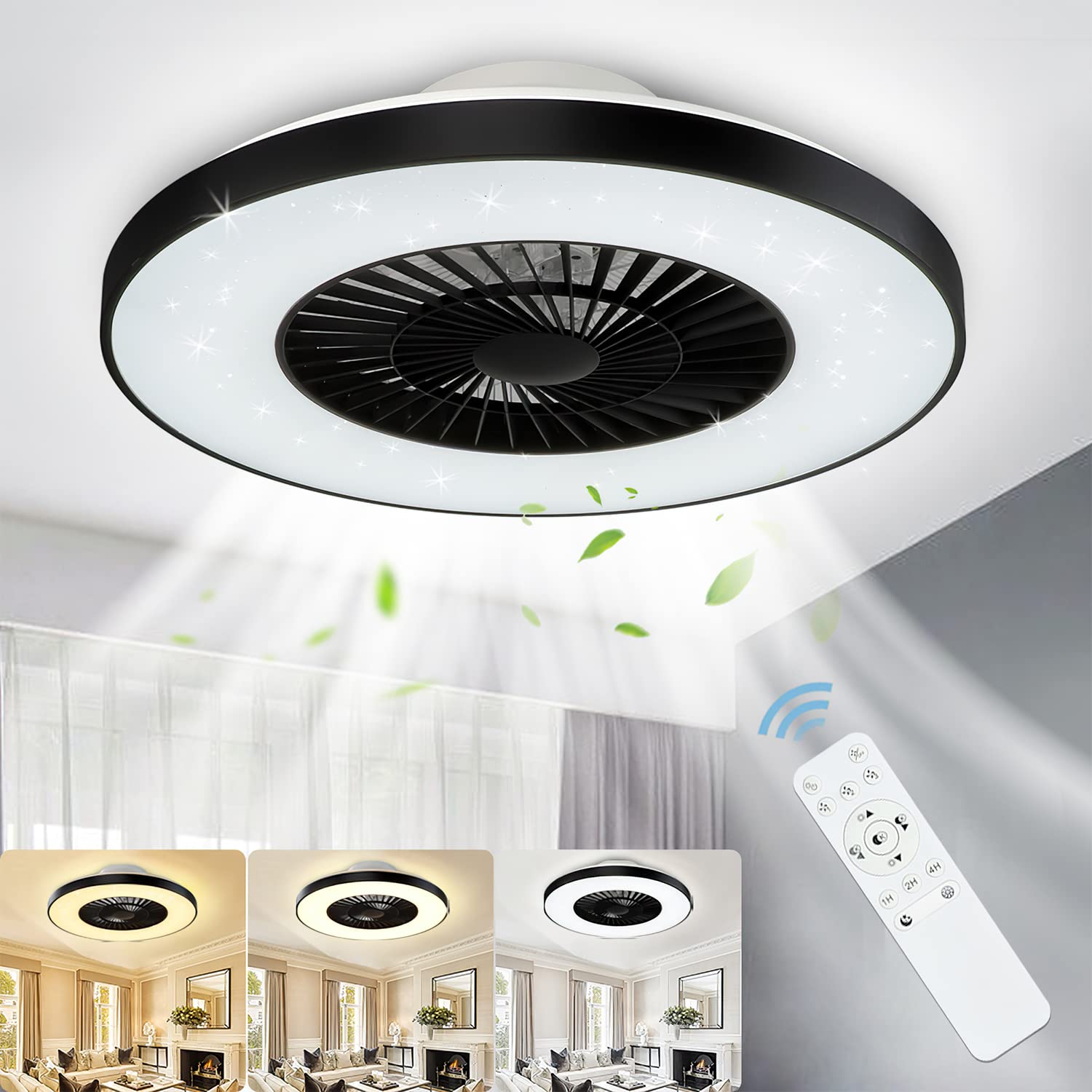 DLLT Modern Ceiling Fans with Lights, 40W LED Dimmable with Remote, 7 Invisible Blades Semi Flush Mount Ceiling Fan Light, 3-Speed Indoor Low Profile Ceiling Fan, 3000K-6500K Timing