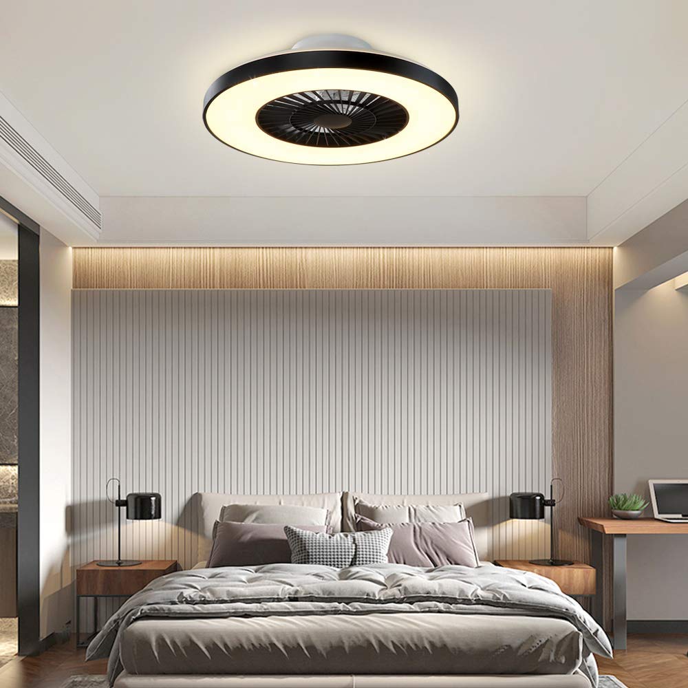 DLLT Modern Ceiling Fans with Lights, 40W LED Dimmable with Remote, 7 Invisible Blades Semi Flush Mount Ceiling Fan Light, 3-Speed Indoor Low Profile Ceiling Fan, 3000K-6500K Timing