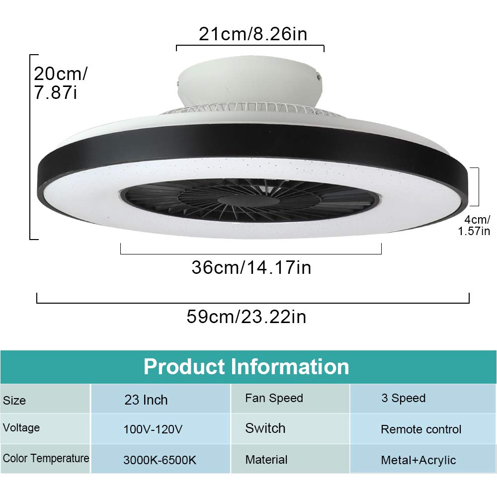 DLLT Modern Ceiling Fans with Lights, 40W LED Dimmable with Remote, 7 Invisible Blades Semi Flush Mount Ceiling Fan Light, 3-Speed Indoor Low Profile Ceiling Fan, 3000K-6500K Timing