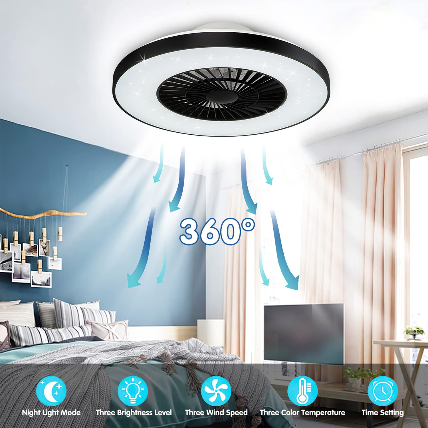 DLLT Modern Ceiling Fans with Lights, 40W LED Dimmable with Remote, 7 Invisible Blades Semi Flush Mount Ceiling Fan Light, 3-Speed Indoor Low Profile Ceiling Fan, 3000K-6500K Timing