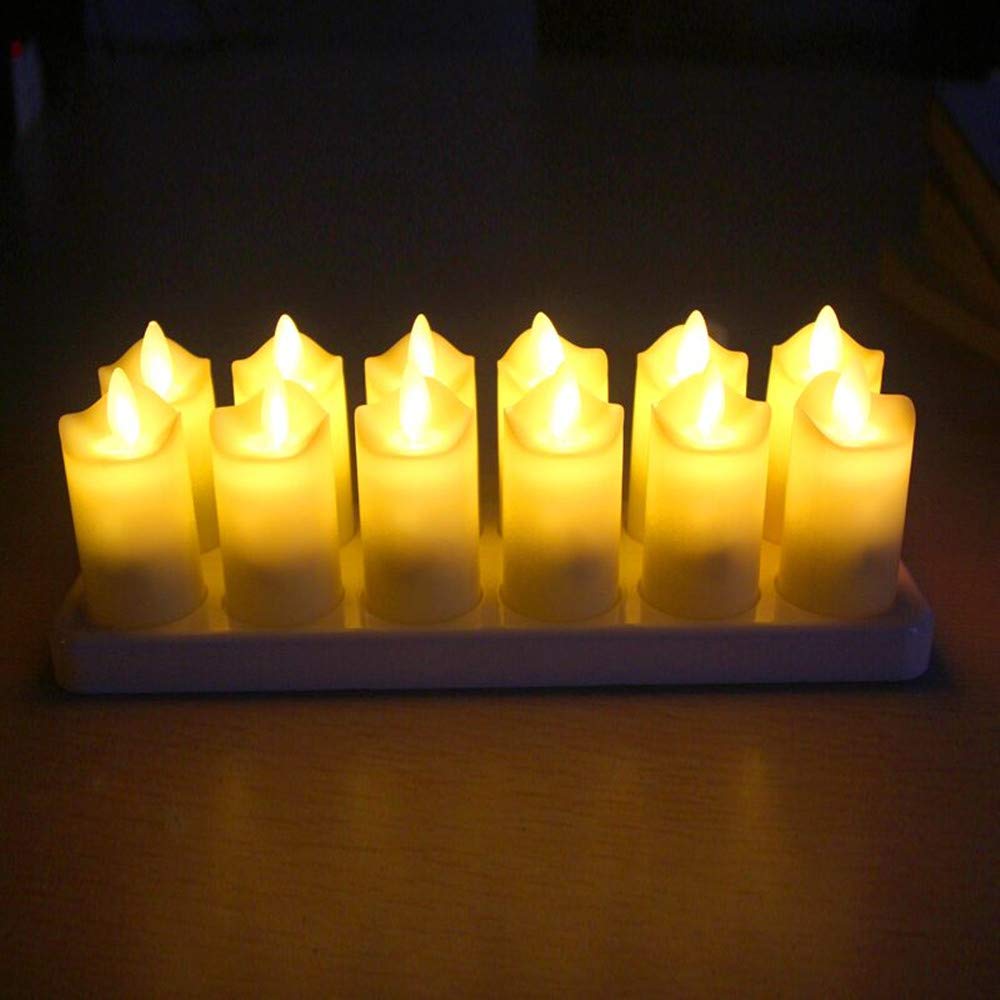 12pcs Rechargeable Flickering Yellow Light LED Candles Battery Operated TeaLight Candles Pillar Electric Light for Garden Home Decoration Party Wedding Festival Celebrations