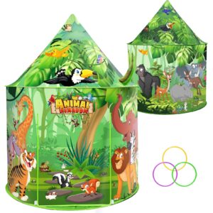 maymoi animal world kids play tent with ring toss - pop up tent for kids girls & boys, indoor play kids tent & foldable playhouse toy