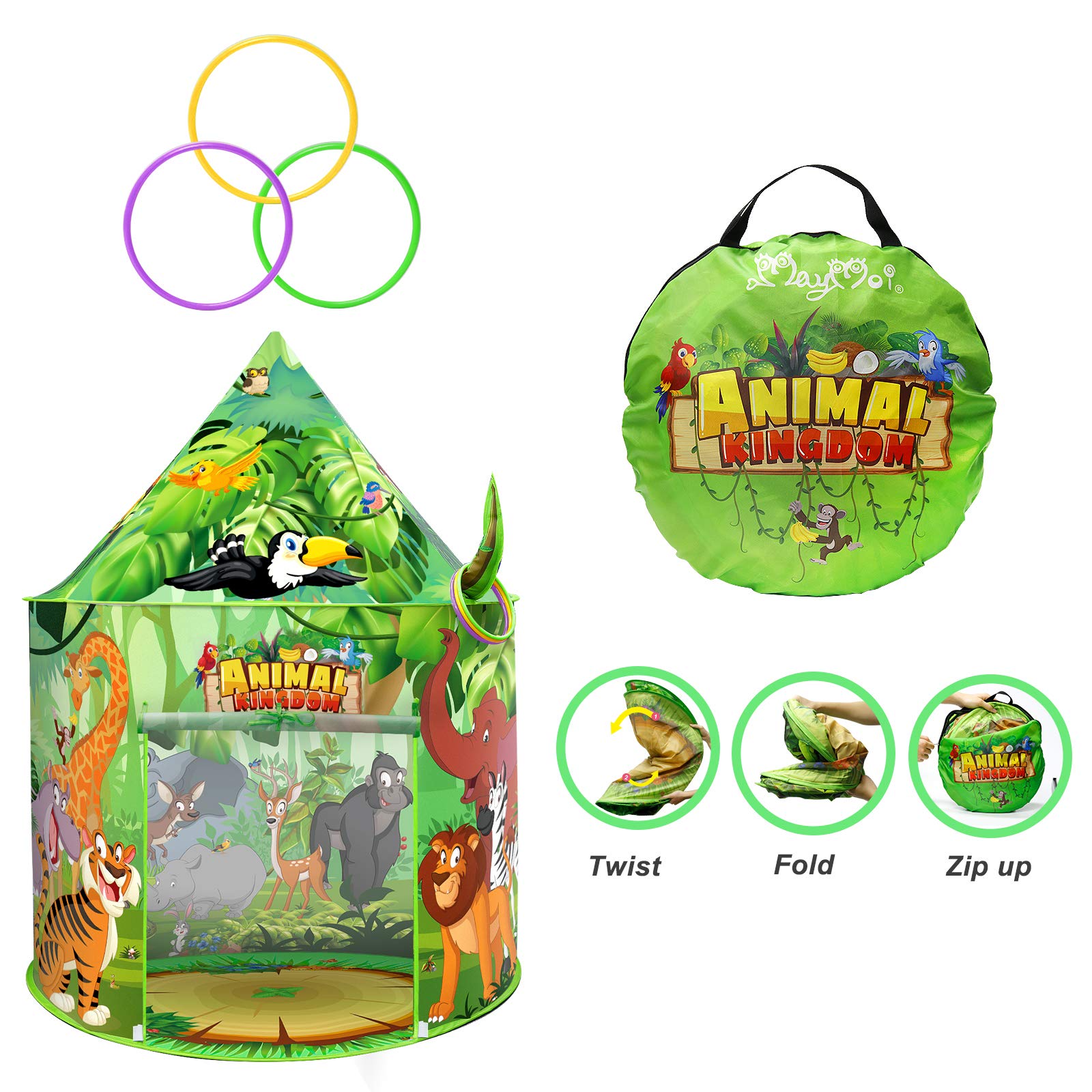 MayMoi Animal World Kids Play Tent with Ring Toss - Pop Up Tent for Kids Girls & Boys, Indoor Play Kids Tent & Foldable Playhouse Toy