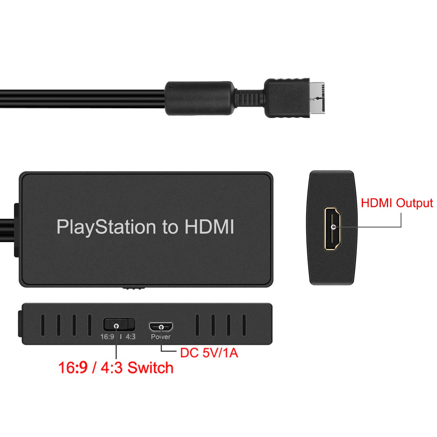 Azduou PS2 to HDMI Adapter PS2 HDMI Cable PS2 to HDMI Converter Support HDMI 4:3/16:9 Switch, Works for Playstation 1/Playstation 2 and PS3. PS1 Adapter Converter PS2 HDMI Adapter