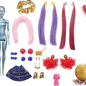 Barbie Color Reveal Glitter! Hair Swaps Doll, Glittery Blue with 25 Hairstyling & Party-Themed Surprises Including 10 Plug-in Hair Pieces, Gift for Kids 3 Years Old & Up