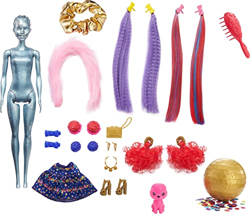 Barbie Color Reveal Glitter! Hair Swaps Doll, Glittery Blue with 25 Hairstyling & Party-Themed Surprises Including 10 Plug-in Hair Pieces, Gift for Kids 3 Years Old & Up