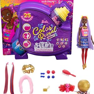 Barbie Color Reveal Glitter! Hair Swaps Doll, Glittery Blue with 25 Hairstyling & Party-Themed Surprises Including 10 Plug-in Hair Pieces, Gift for Kids 3 Years Old & Up