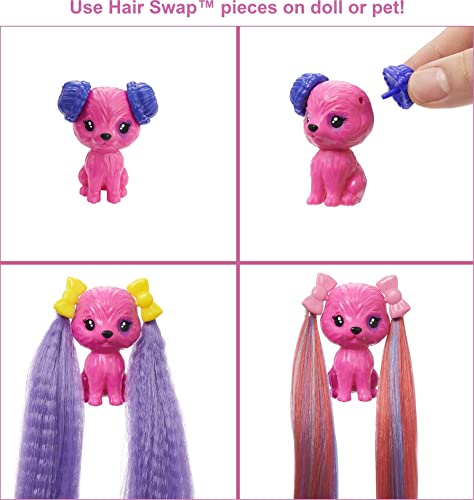 Barbie Color Reveal Glitter! Hair Swaps Doll, Glittery Blue with 25 Hairstyling & Party-Themed Surprises Including 10 Plug-in Hair Pieces, Gift for Kids 3 Years Old & Up