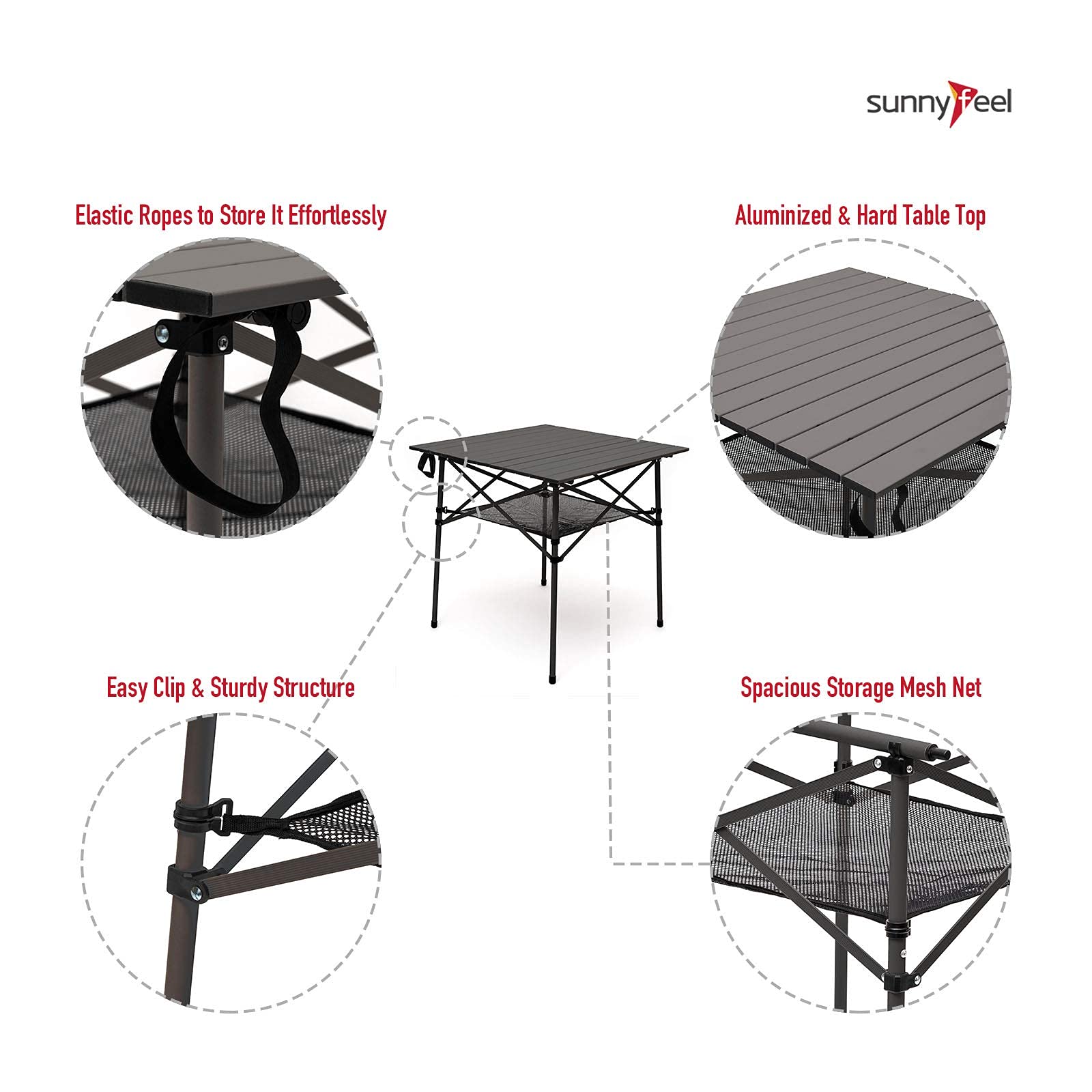 SUNNYFEEL Outdoor Folding Table | Lightweight Compact Aluminum Camping Table, Roll Up Top 4 People Portable Camp Square Tables with Carry Bag for Picnic/Cooking/Beach/Travel/BBQ