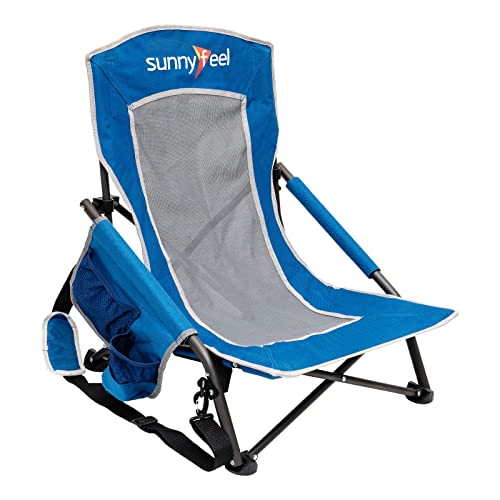 SUNNYFEEL Low Folding Beach Chair for Adults, Portable Lightweight Sling Beach Camping Chairs with Cup Holder, Armrest,Foldable Camp Lawn Chair for Outdoor Sand Concert Travel Sport Events,300LBS