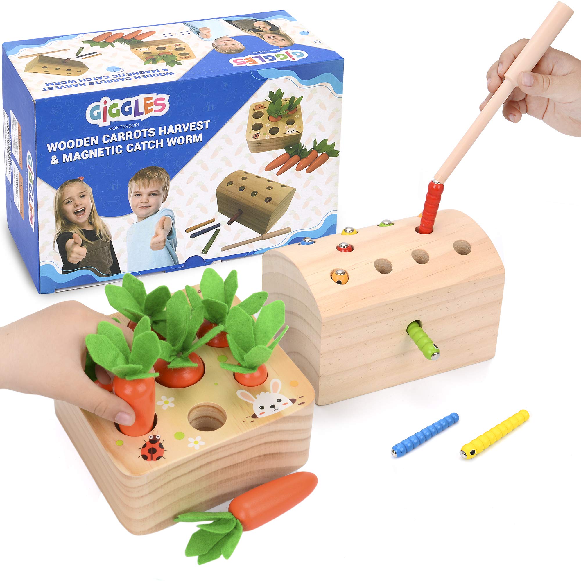 Giggles Montessori Carrot Harvest - Wooden Educational Toys for Boys and Girls - Preschool Learning Gift - Toddlers Wood Game – Shape Sorting Toy - Worm Toy Playset - for Age 1 2 3 Year Old