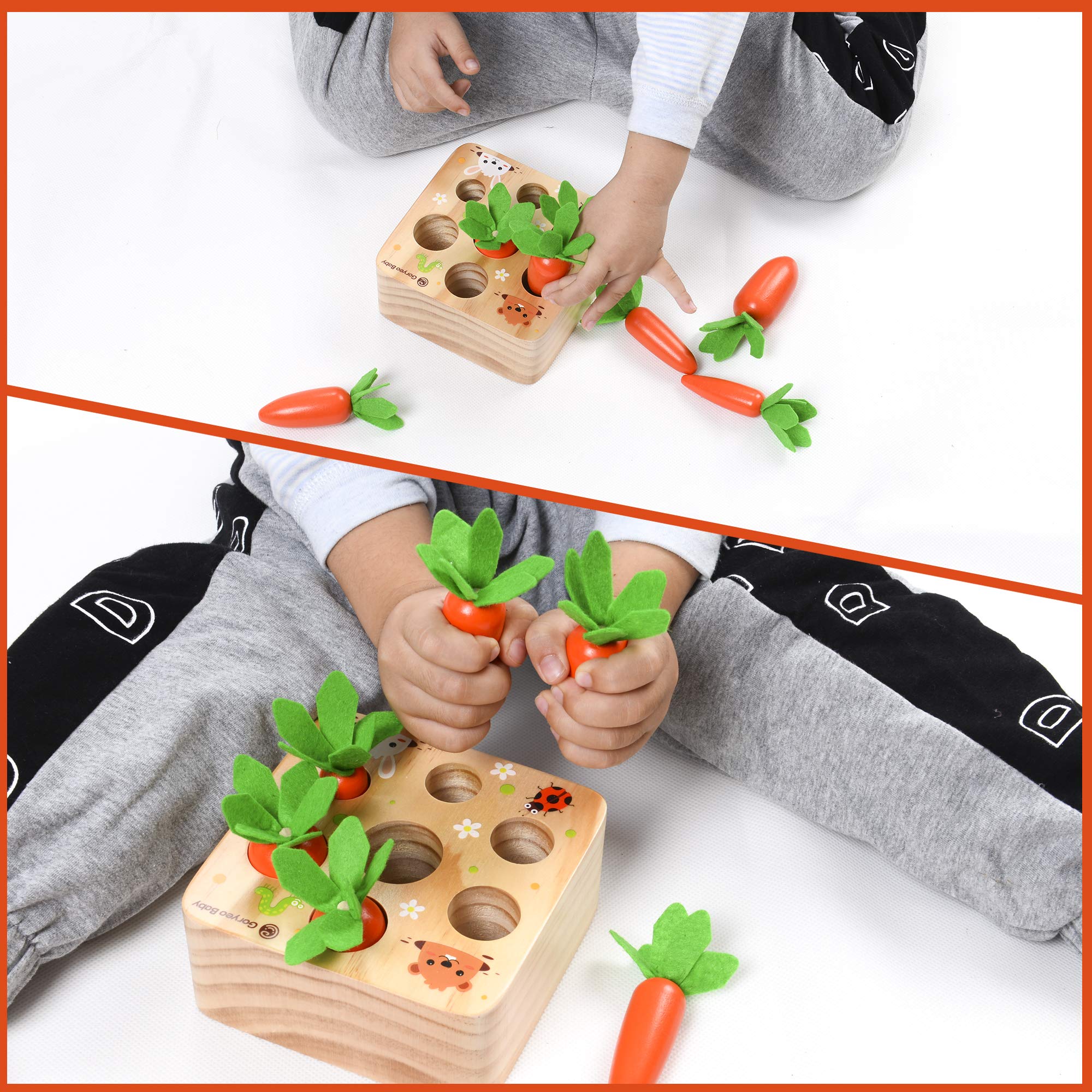 Giggles Montessori Carrot Harvest - Wooden Educational Toys for Boys and Girls - Preschool Learning Gift - Toddlers Wood Game – Shape Sorting Toy - Worm Toy Playset - for Age 1 2 3 Year Old