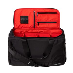 premium sneaker bag, duffel bag, gym training bag, travel bag, basketball bag, footbal bag with 3 adjustable compartment dividers (black/red)