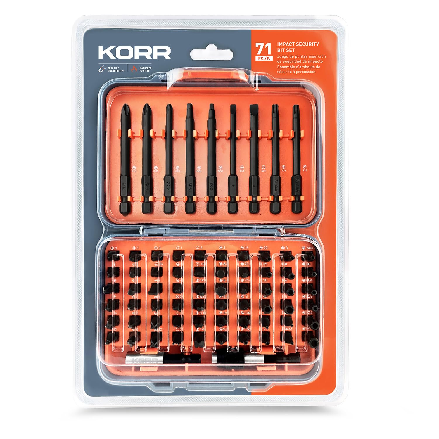 KORR Tools KIBPP022 71pc Security Bit Set Phillips, Square Recess, Slotted, Pozi Lock, Torx, Torx Tamper, Hex Tamper, Tri-Wing, Spanner, Torq-set, Clutch, Spline Specialty Driver Bits