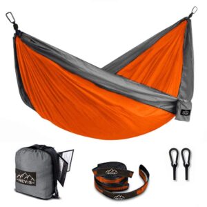 nevis outdoor camping hammock for two people - holds up to 500lbs - with adjustable tree straps, heavy duty aluminium carabiners and integrated carrying pouch. a must-have camping accessory