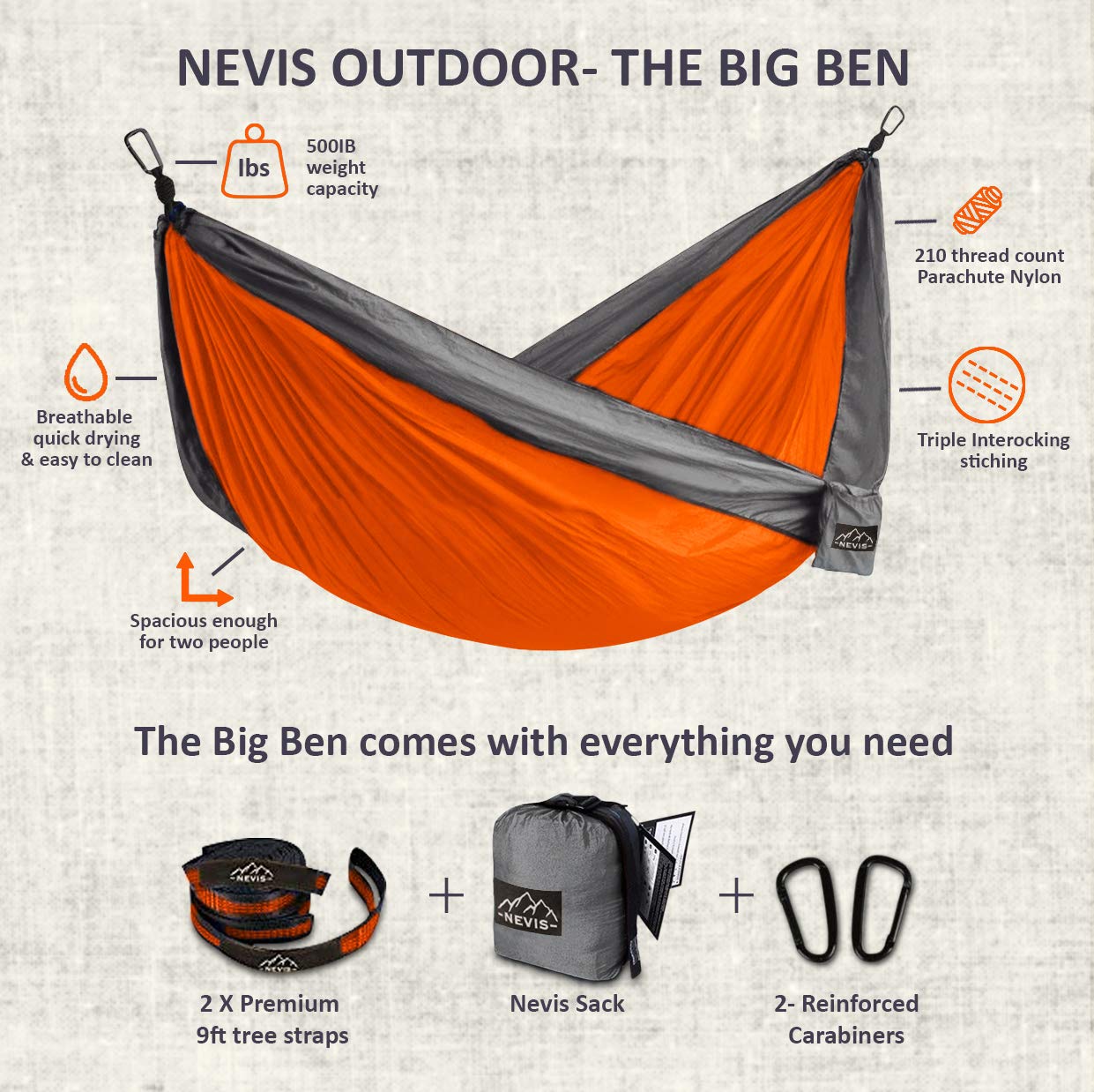 Nevis Outdoor Camping Hammock for Two People - Holds up to 500lbs - with Adjustable Tree Straps, Heavy Duty Aluminium Carabiners and Integrated Carrying Pouch. A Must-Have Camping Accessory