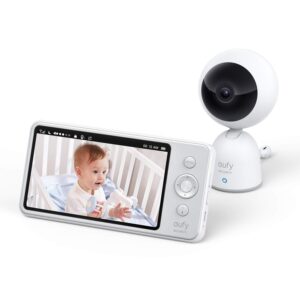 eufy security video and audio baby monitor, 720p resolution, large 5” display, 5,200 mah battery, 2-way audio, night vision, lullaby player, 1000 ft range, manual pan & tilt (renewed)