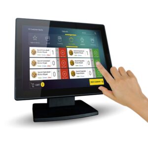 12-inch capacitive multi-touch pos tft led touchscreen monitor, true flat seamless design with adjustable pos stand for retail restaurant, hdmi & vga inputs, high resolution 1024 x 768
