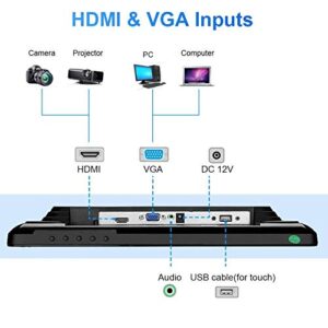 12-Inch Capacitive Multi-Touch POS TFT LED Touchscreen Monitor, True Flat Seamless Design with Adjustable POS Stand for Retail Restaurant, HDMI & VGA Inputs, High Resolution 1024 x 768