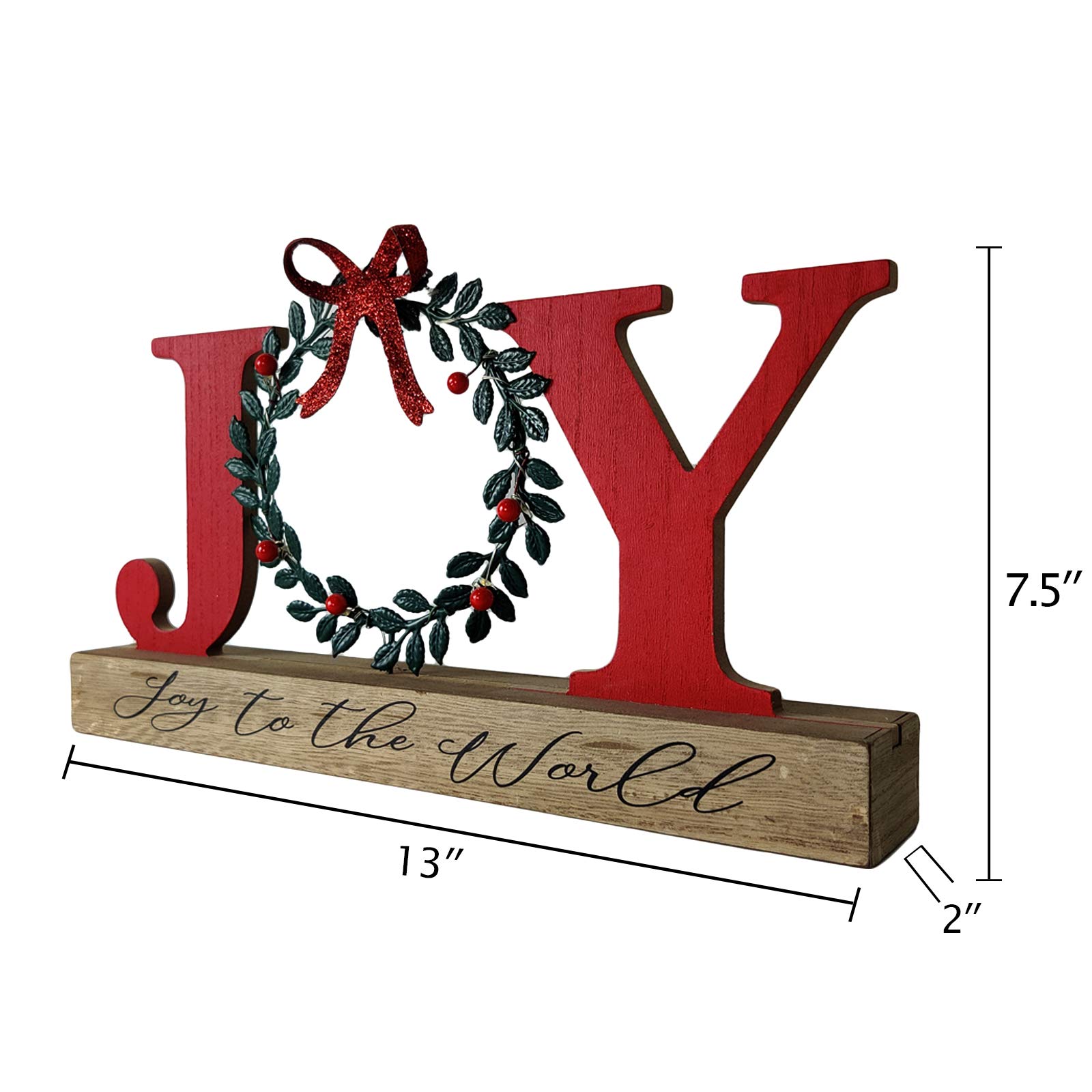 HOMirable Christmas Decor Indoor Joy Sign with Wreath for O, LED Lighted Rustic Tabletop, Bowknot Farmhouse Wooden Home Decorative Sign, Holiday Xmas Display Box Decoration Gift