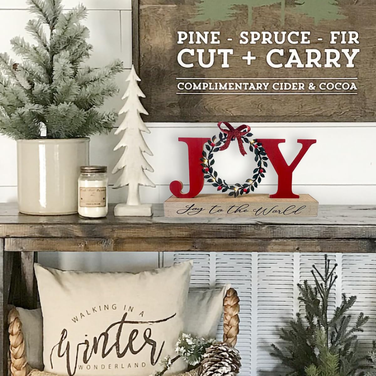 HOMirable Christmas Decor Indoor Joy Sign with Wreath for O, LED Lighted Rustic Tabletop, Bowknot Farmhouse Wooden Home Decorative Sign, Holiday Xmas Display Box Decoration Gift