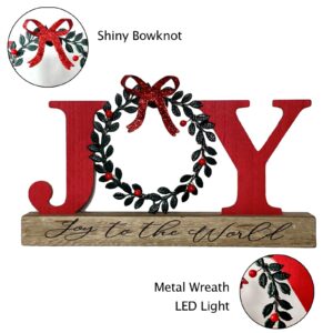 HOMirable Christmas Decor Indoor Joy Sign with Wreath for O, LED Lighted Rustic Tabletop, Bowknot Farmhouse Wooden Home Decorative Sign, Holiday Xmas Display Box Decoration Gift