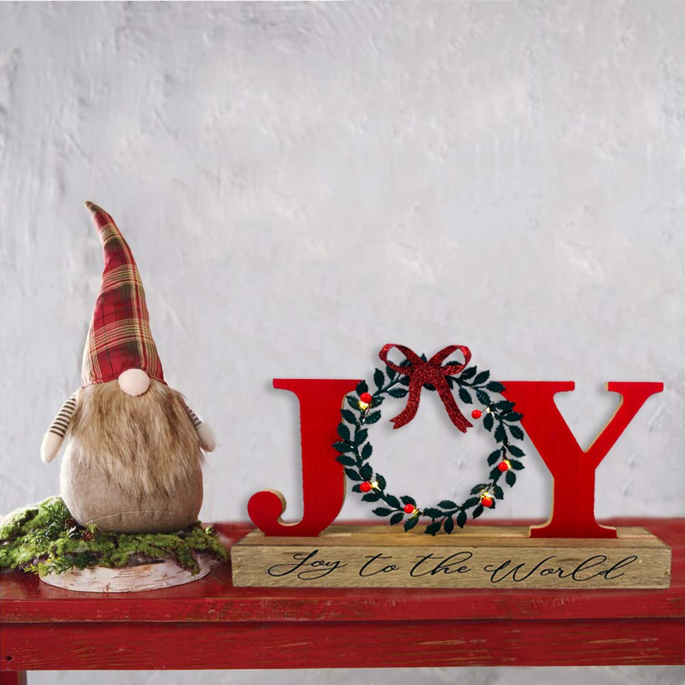 HOMirable Christmas Decor Indoor Joy Sign with Wreath for O, LED Lighted Rustic Tabletop, Bowknot Farmhouse Wooden Home Decorative Sign, Holiday Xmas Display Box Decoration Gift