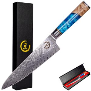 chef knife 8 inch, fukep damascus chef knife vg10 core steel with 66-layers high carbon professional sharp chefs knife 8" blade ergonomic beautiful blue resin handle gift boxed