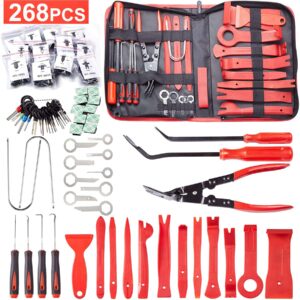 uolor 268 pcs trim removal tool kit, car pry tool kit door panel/radio/stereo/terminal removal tool set, auto clip pliers fastener remover panel removal tool kit, pry tool set with storage bag