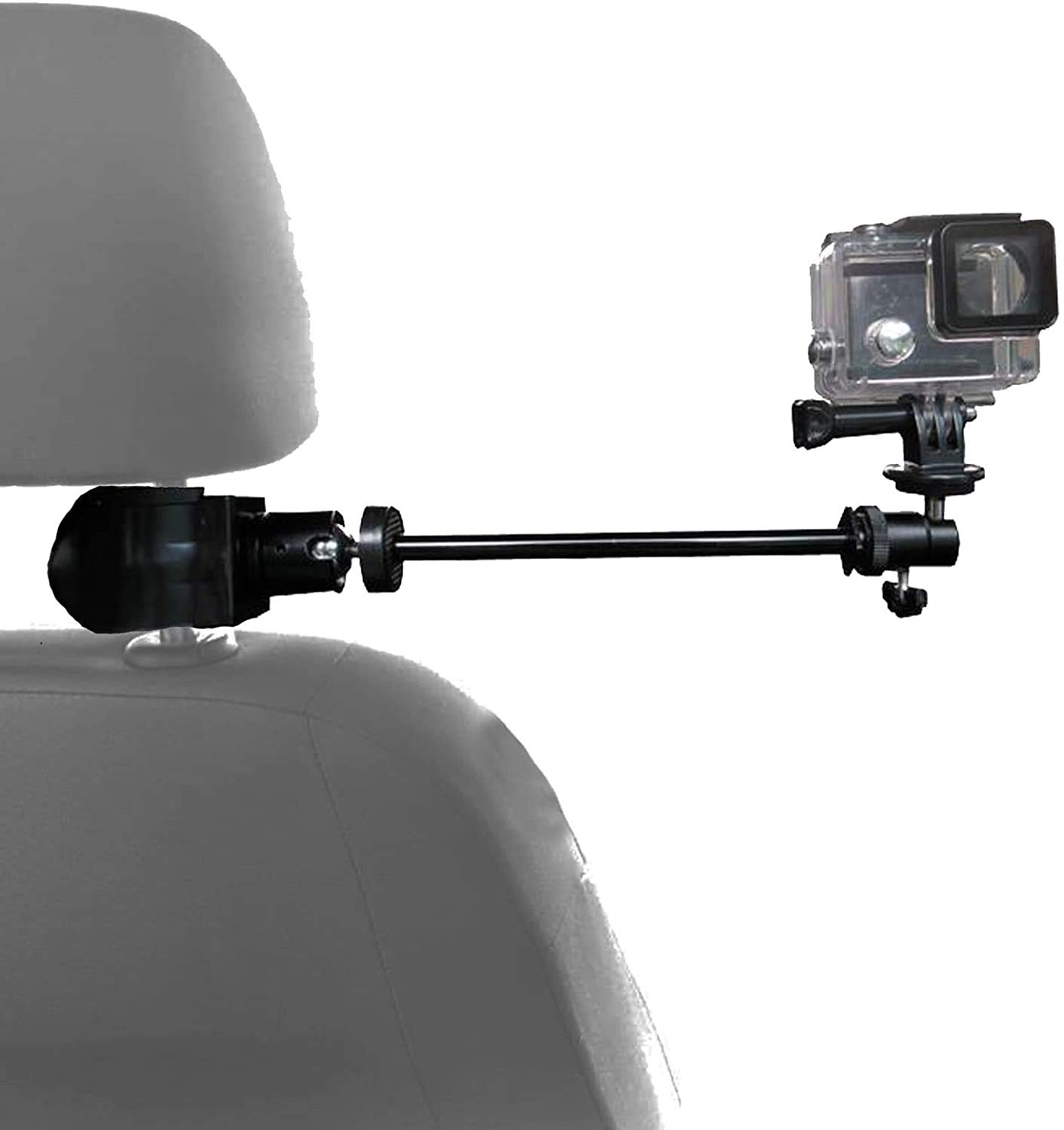 3in1 Universal Car Headrest Mount Holder for All Camcorder/Action Camera/Smartphone with Dual Adjustable Positions and 360° Rotation, for car Shooting vlogging Video Recording