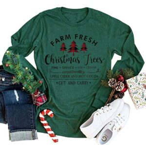 farm fresh christmas plaid trees t shirt womens casual letter print long sleeve shirt funny pullover graphic tees (green, medium)