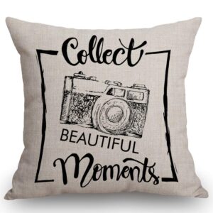 ssoiu motivational quote throw pillow cover, collect beautiful moments with retro camera decorative throw pillow covers cotton linen pillow cases 18“ x 18” for home decor