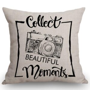 SSOIU Motivational Quote Throw Pillow Cover, Collect Beautiful Moments with Retro Camera Decorative Throw Pillow Covers Cotton Linen Pillow Cases 18“ x 18” for Home Decor