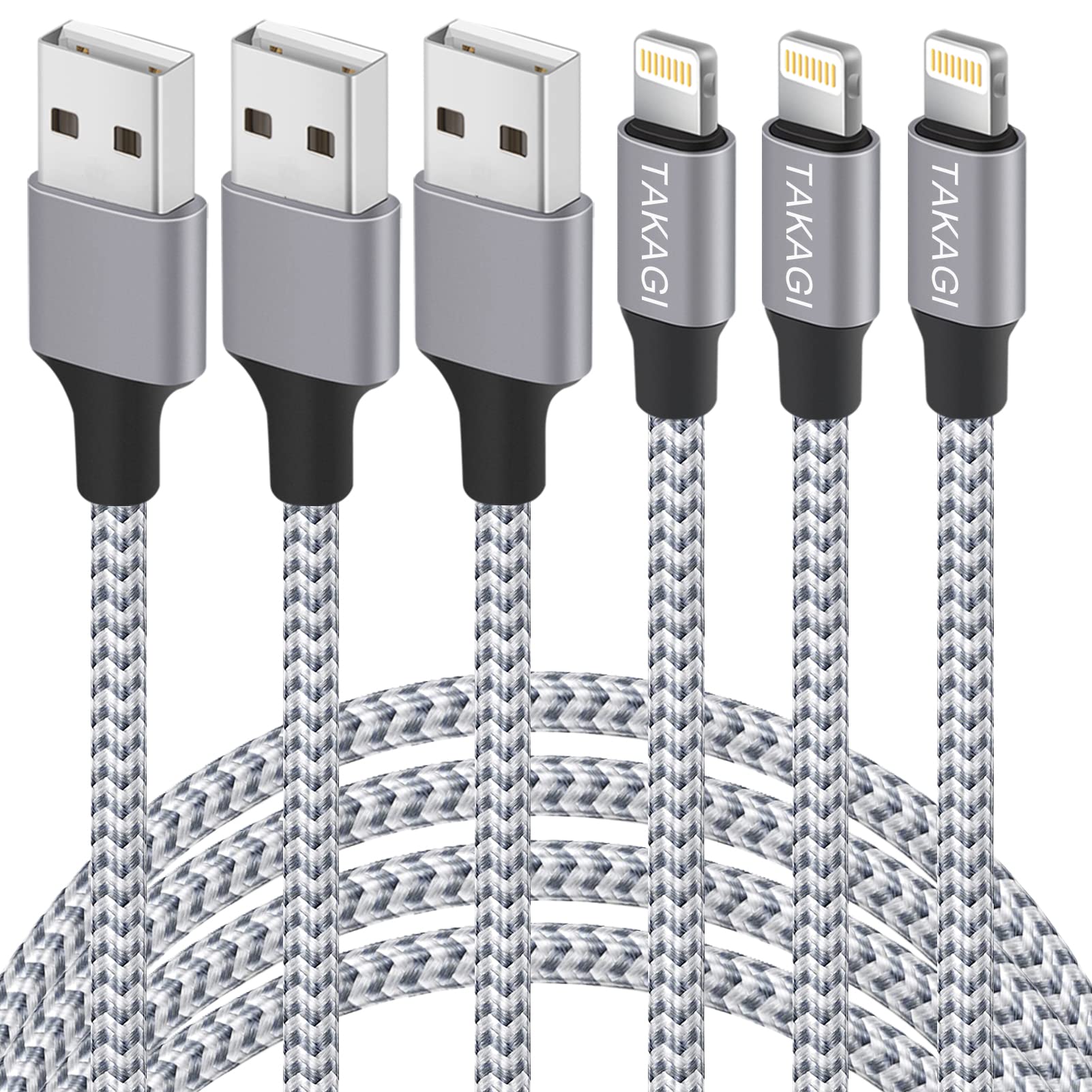 TAKAGI 3Pack 6FT Nylon Braided Lightning Cable USB Charging Phone Charger Cord Compatible with Phone 14 13 12 11 Pro Max XR XS X 8 7 6 Plus SE and iPad