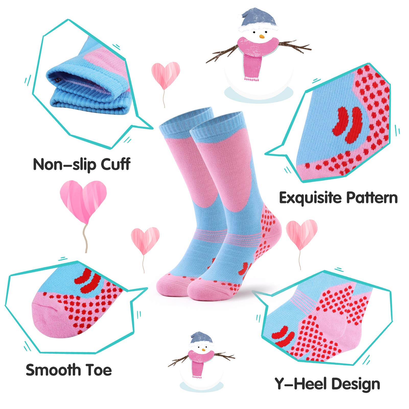 KUYOU Kids Ski Socks, 2 Pair Warm Long Knee High Snow Winter Skiing Snowboarding Skating Socks for Youth Boy Girl